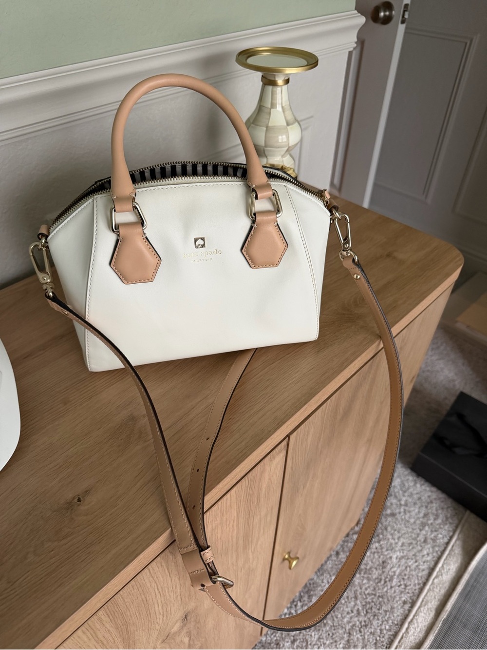 kate spade Small White Leather Hand Bag Tan Trim